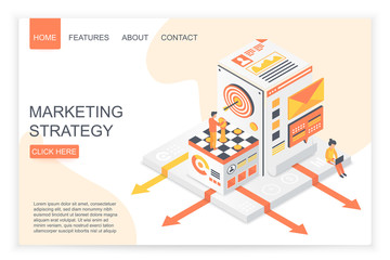 Isometric people playing chess and using laptop while representing marketing strategy. Content marketing strategy landing page isometric vector template. Strategic business approach 3d concept