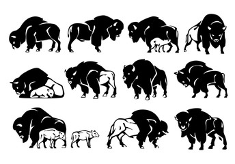 Bison Figure Set. Black silhouette. Isolated on a white background