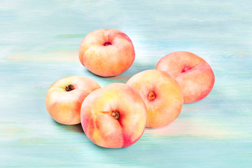 Vibrant organic flat saturn peaches on a teal background