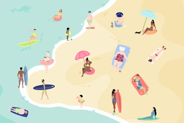 Vector summertime cartoon illustration. People on the beach. Sunbathing, talking, surfing and swimming in sea or ocean. Beach top view flat illustration.