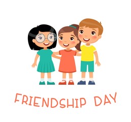 Friendship Day. Three international children hugging. Funny cartoon character. Vector illustration. Isolated on white background