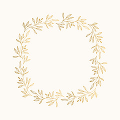 Fototapeta na wymiar Gold wreath with leaves and branches. Holiday design. Vector isolated.
