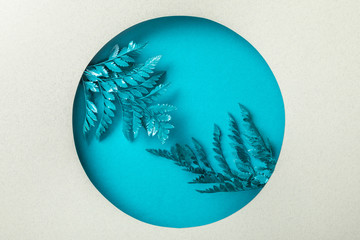 blue decorative fern leaves in round hole on white paper