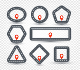 Isolated geometric pin logo set, road sign collection, location symbol, geometric shape map point vector illustration.