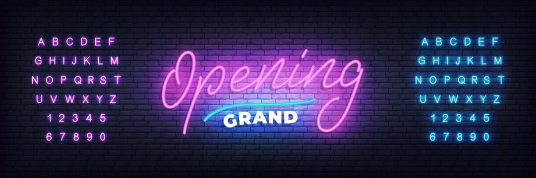 Grand opening neon template. Neon lettering banner Grand opening for event, sale, promotion.