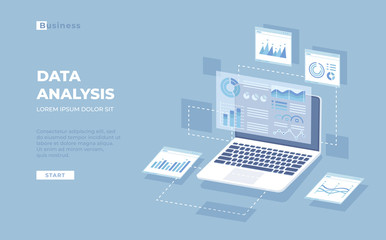 Data analysis, audit, research, finance analytics, reporting concept. Web and mobile service. Charts, graphs, report, visualization, infographics on the laptop screen. Isometric 3d vector banner.