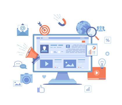 Social Media Content Strategy, management, services, development, marketing success, social sharing, web traffic. Monitor screen with text, photo, video, headlines with icons. Vector illustration 