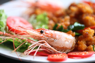 Spicy fried shrimp , close up
