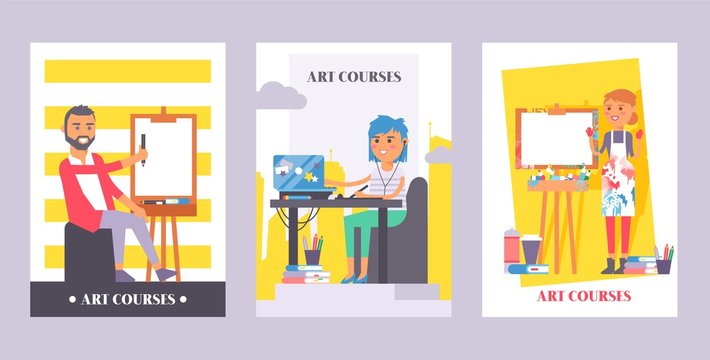 Art courses set of banners, posters vector illustration. Man draving on canvas. Girl sitting in front of laptop listening in earphones to online lesson and painting on tablet.