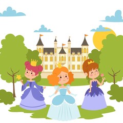 Princess girls in evening gowns banner vector illustration. Elegant little female characters in flat style. Fashionable ladies in dresses with crowns, fairytale costumes.