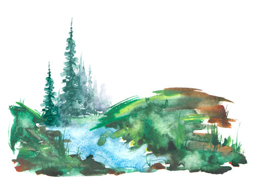 Watercolor trees, forest, pine, green spruce, landscape. Summer forest landscape, bushes, wild grass, slope,stream, lake, swamp. Illustration made for a different design.  Abstract paint