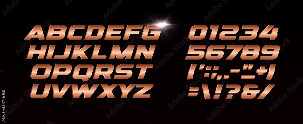 Poster Bronze letters and numbers set. Metal gradient texture style vector latin alphabet. Typography design.