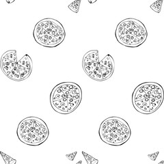 Seamless vector pattern with hand drawn pizza.