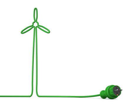 An electricity plug and cable in the shape of a windmill on a white background, symbolizing transforming wind into green electricity.