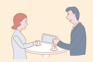 Man and woman are talking about working in the company during a coffee break. Hand drawn style vector design illustration