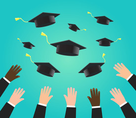 Happy graduating students or pupil hands in throwing graduation caps in the air, flying academic hats in the sky flat vector on green background is presented.