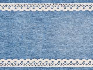 White lace on jeans background. Sewing still life
