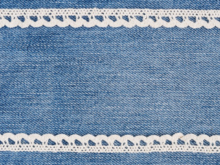 White lace on a jeans background. Stitching still life