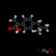 Ibuprofen model molecule. Isolated on black background. Luminance effect.