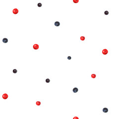 Seamless simple watercolor berries pattern. Blueberry and cranberry pattern. Blue and red berries pattern on white background.