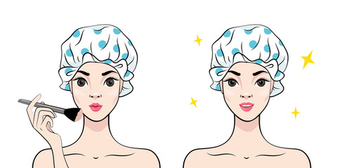 Beautiful young woman in shower cap powders her face. Happy Woman Applying Cosmetic On Face. Vector illustration