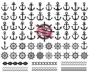 Set of anchors, rudders icons, and ropes. Vector illustration.