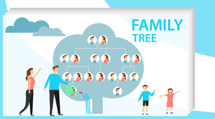 Family tree in modern flat illustration. A man is watering a family tree with photos of relatives, and a pregnant wife is standing nearby. Human genealogical heritage collection