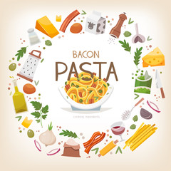 Group of vegetables and pasta ingredients aranged in circle border. Vector illustration