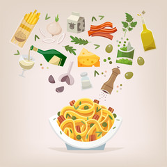 Famous dish of italian cuisine. Pasta with bacon, peas and carbonara sauce and cheese. Throw ingredients in the air and get a perfect spaghetti on a plate. Vector illustration.