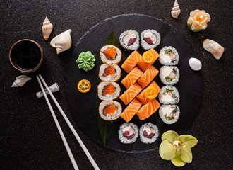 sushi on the black background