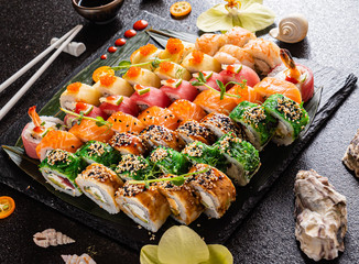 sushi on the black background