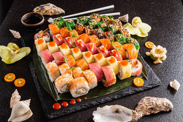 sushi on the black background