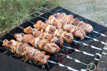 Food on the fire, picnic. Cooking grilled fragrant tasty hot barbecue shashlik on coals on the grill of pickled meat of pork, lamb and beef with onions on skewers