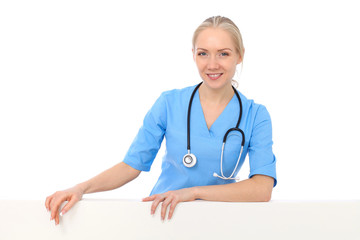 Doctor woman or nurse isolated over white background. Cheerful smiling medical staff representative. Medicine concept