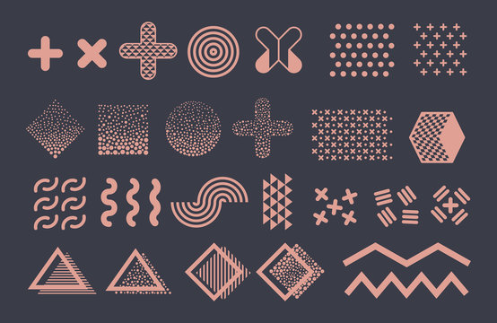 Memphis graphic vector elements. Funky geometric shapes and halftones collection. Illustration of wave and zigzag, stroke funky memphis, composition trend