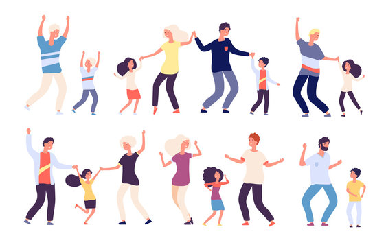 Dancing parents with kids. Happy children dad and mom dance family woman man child dancers. Isolated vector cartoon characters. Family dance together, performance disco characters illustration