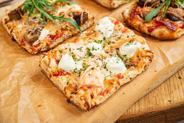 slice of italian pizza in the pizzeria