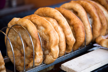 Langosh a Hungarian speciality a deep fried flat bread ready to taste