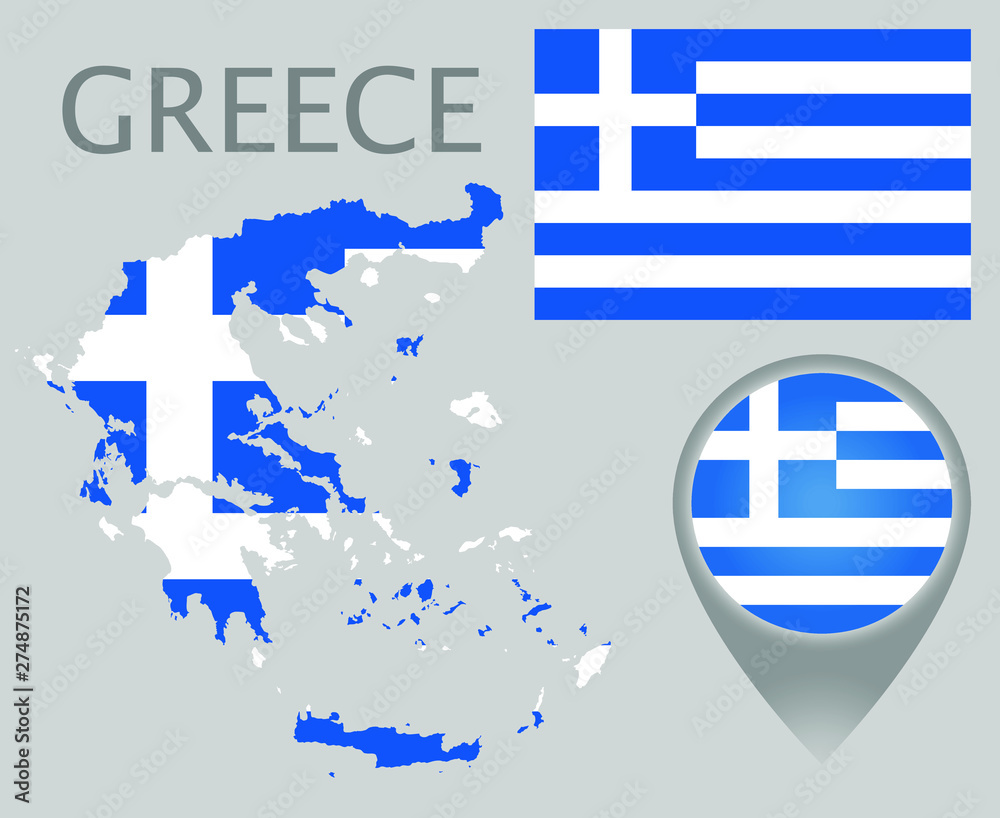 Sticker Colorful flag, map pointer and map of Greece in the colors of the Greek flag. High detail. Vector illustration - Stickers