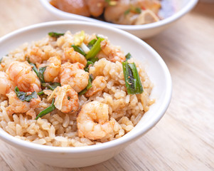 Braised shrimp over rice - Taiwan famous traditional street food. Soy-stewed prawn on cooked rice. Travel concept, top view, copy space, close up