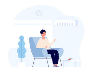 Air conditioner concept. Young man sitting in home chair under air conditioning system. summer room cooling and cleaning. Vector image. Illustration of comfort control home, conditioner used man