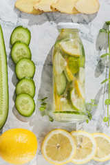 Sliced fruit and vegetables with lemonade