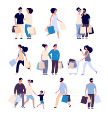Fototapeta na wymiar Shopping people set. Man and woman with shopping card buying product in grocery store. Isolated shopper cartoon vector characters set. Illustration of man and woman do shopping