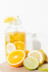 Citrus fruit and lemonade in bank