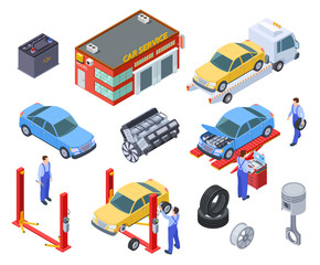 Car service isometric. People repair cars with auto industrial equipment. Technicians replace vehicle part, wheels. Workshop 3d vector. Illustration of repair car industry, automobile service