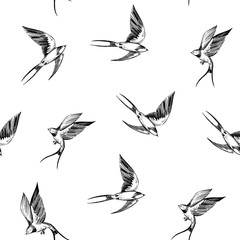 Seamless patterns with swallows. Vector outline