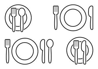 Black set of cutlery. Fork, spoon, knife and plate, outline design. Vector illustration