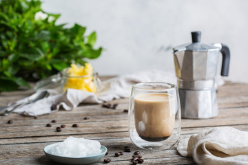 Obraz na płótnie Canvas Keto, ketogenic bulletproof coffee with coconut oil and ghee butter