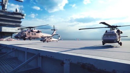Military helicopters Blackhawk take off from an aircraft carrier at clear day in the endless blue sea