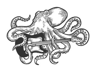 Octopus playing electric guitar sketch engraving vector illustration. Scratch board style imitation. Black and white hand drawn image.